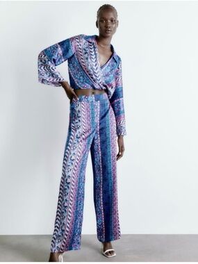 Zara Blue & Pink Printed Top and Pants set